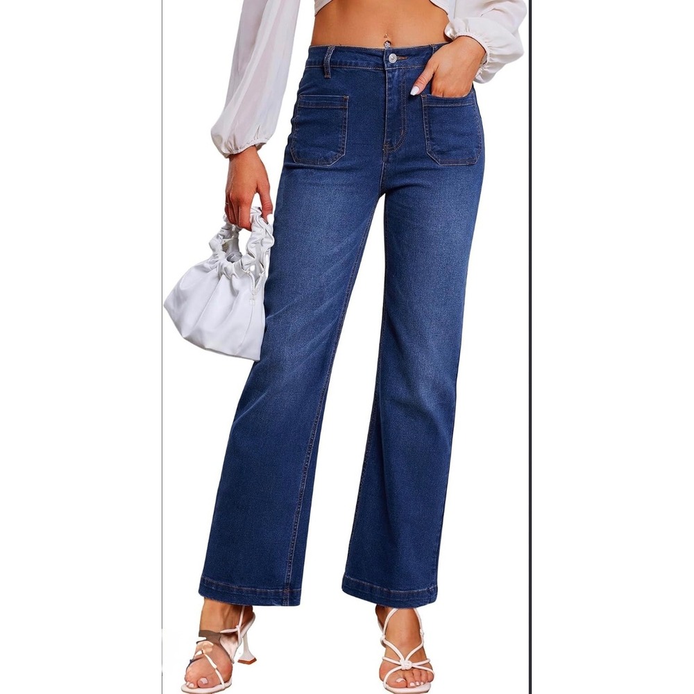 Genleck Flare Jeans Women Size 8 Dark Blue NWT Patch Pocket High Waist Stretch